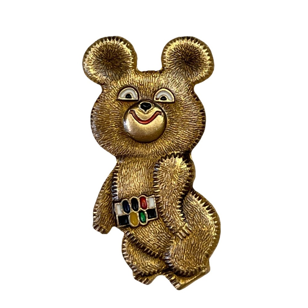 Vintage Misha Bear Moscow 1980 Olympics Pin Badge - Gold Tone Enamel